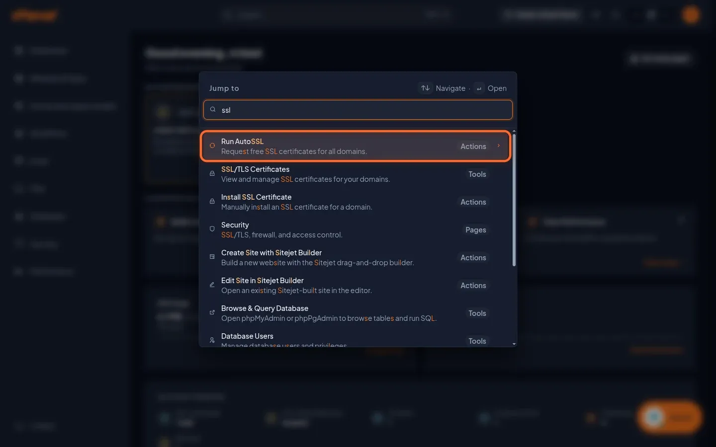Ricerca rapida di Meridian aperta con la parola "ssl" e la voce Run AutoSSL evidenziata in cima all'elenco
