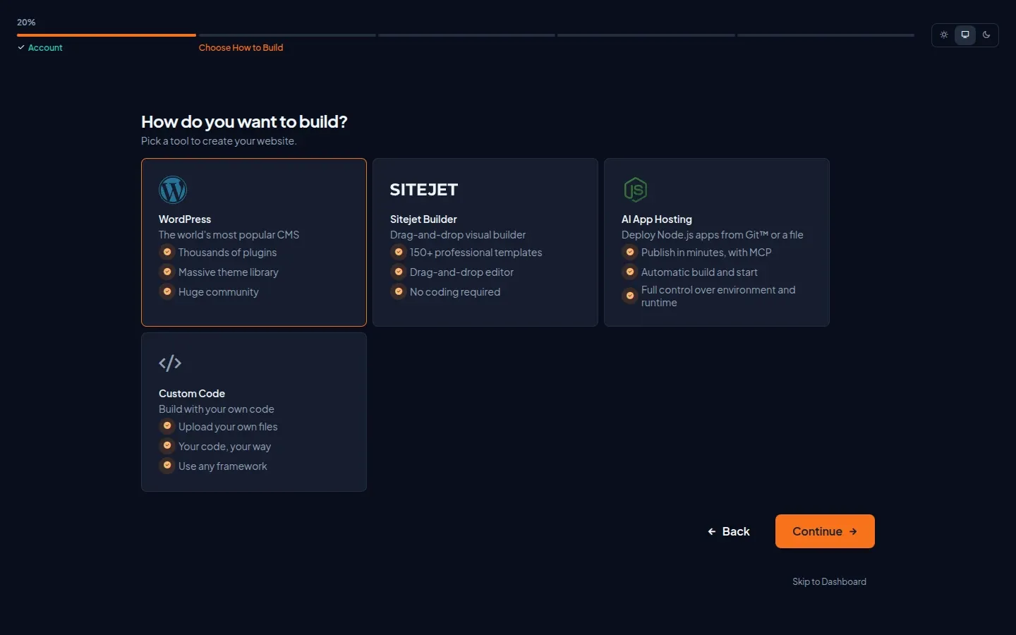 Guided Setup di Meridian con le quattro schede WordPress, Sitejet Builder, AI App Hosting e Custom Code
