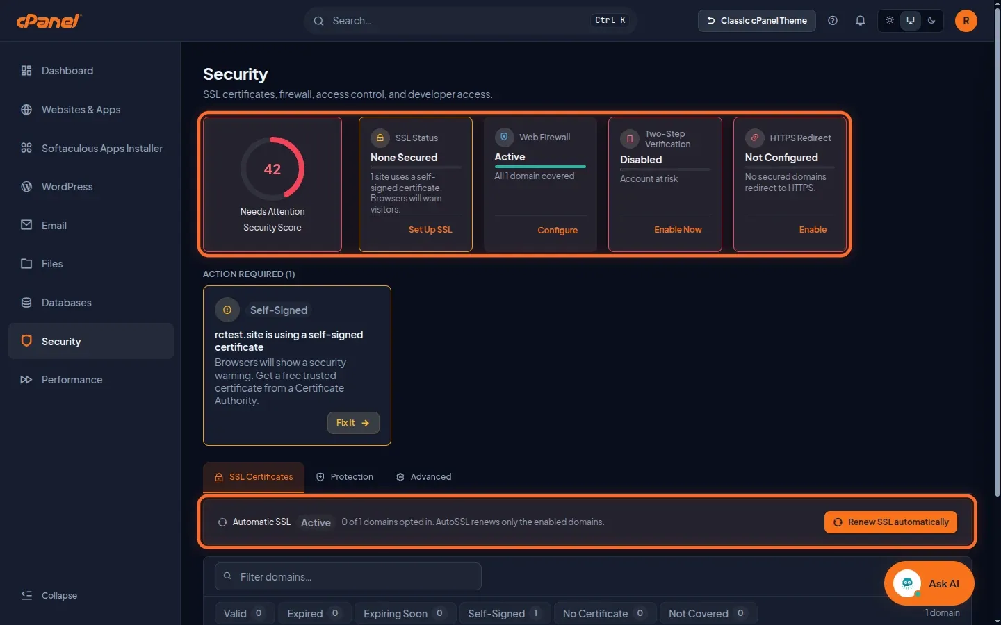Hub Security di Meridian con il punteggio di sicurezza e i quattro riquadri di stato evidenziati, e in basso la riga Automatic SSL