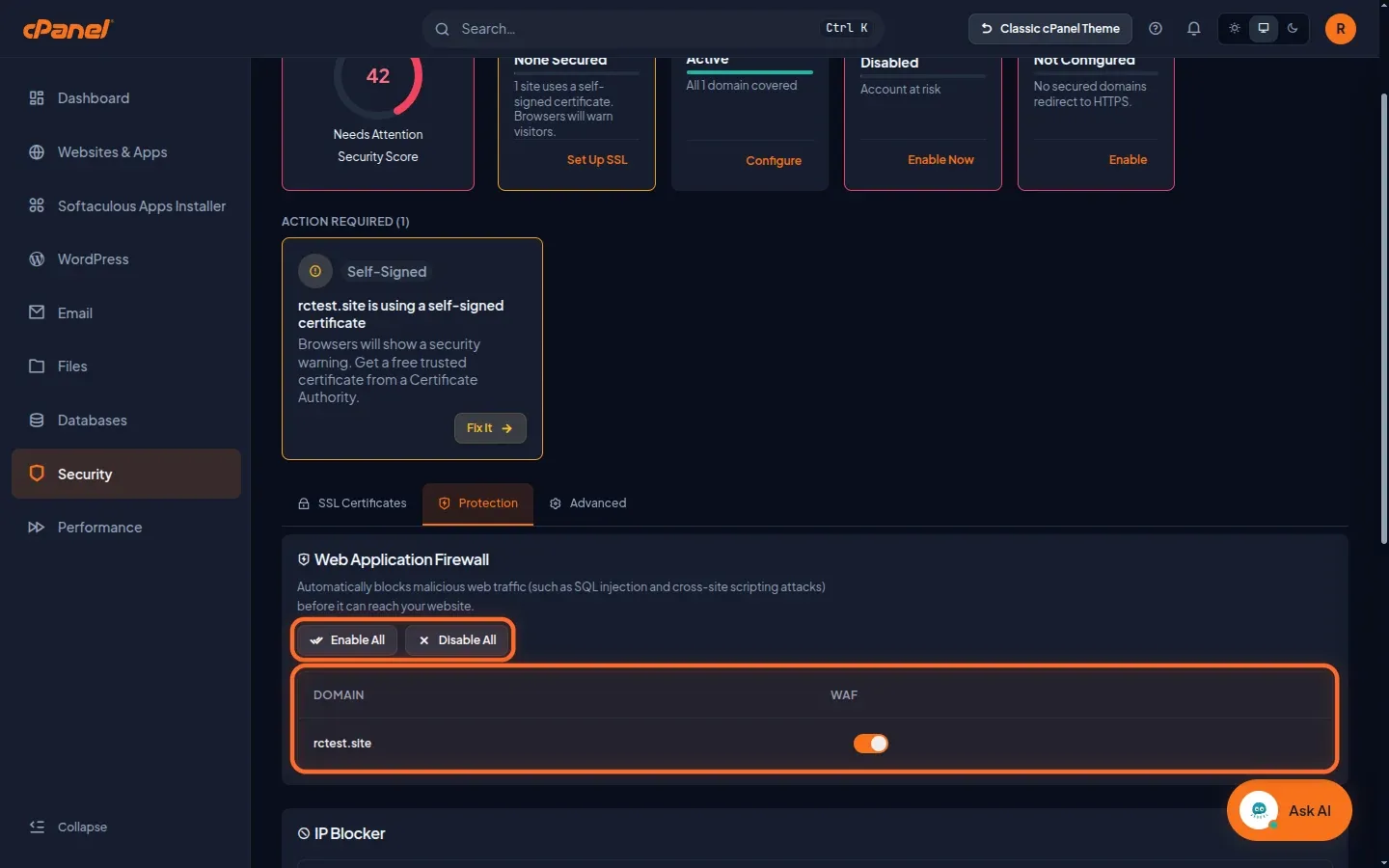 Scheda Protection di Meridian con i pulsanti Enable All e Disable All e l'interruttore del firewall web acceso per il dominio, entrambi evidenziati