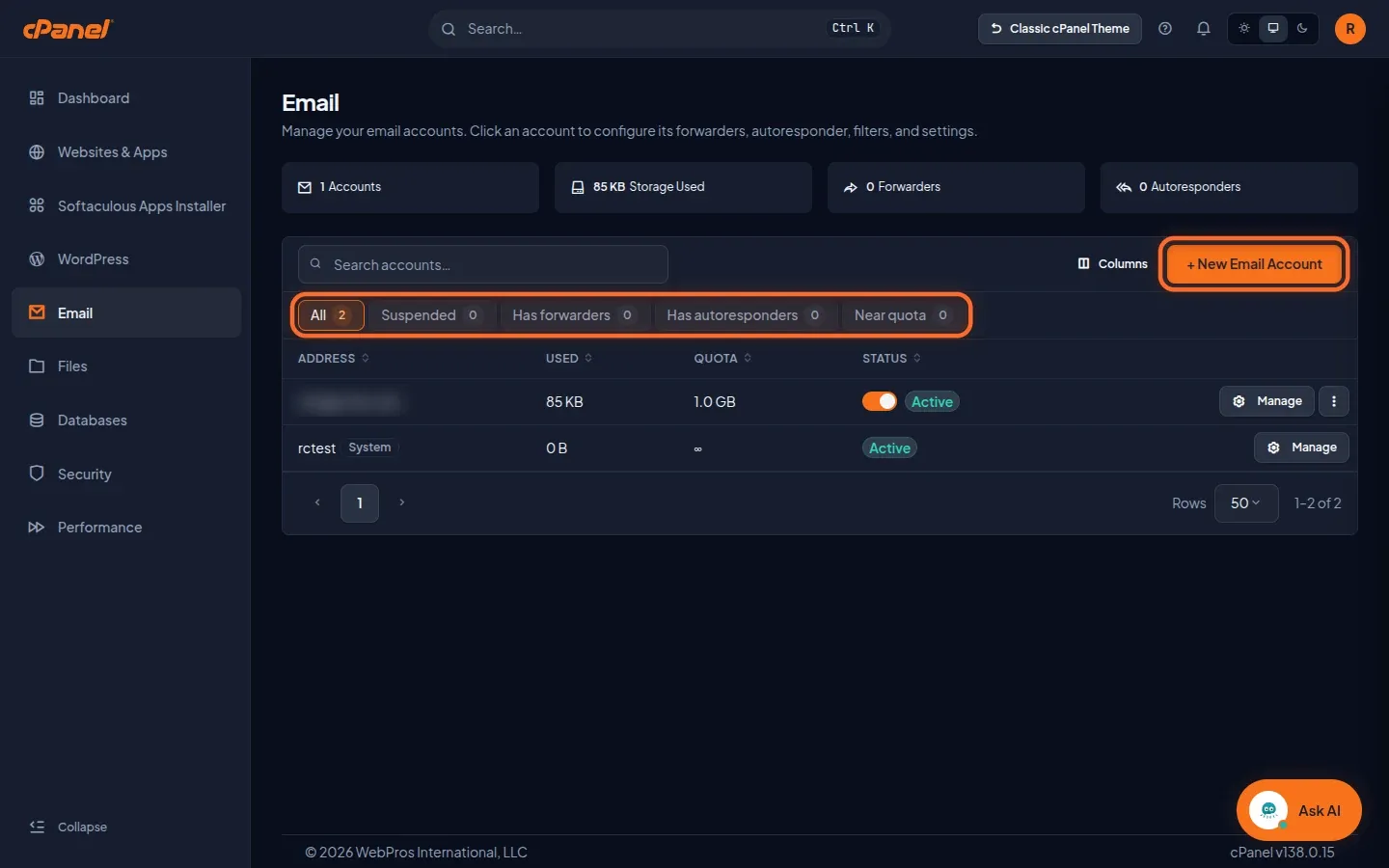 Hub Email di Meridian con i filtri rapidi e il pulsante New Email Account evidenziati sopra l'elenco delle caselle