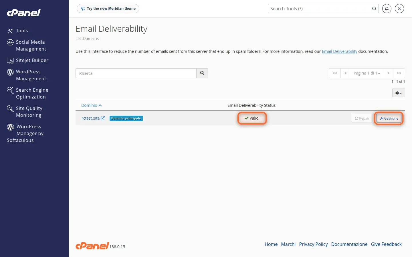 Pagina Email Deliverability in Jupiter con lo stato Valid e il pulsante Gestione evidenziati