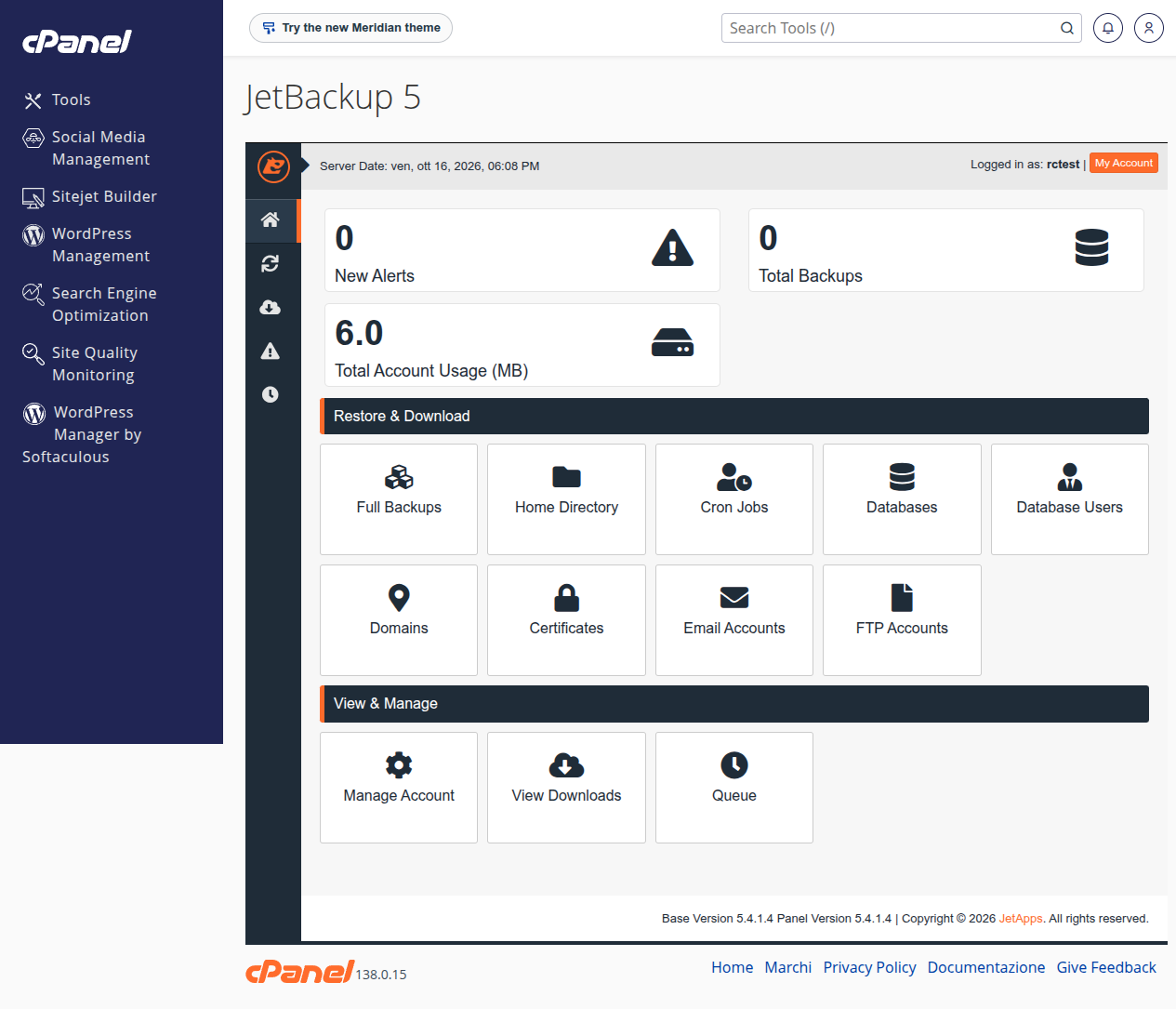 Dashboard di JetBackup 5 in cPanel con i contatori e le schede Restore & Download