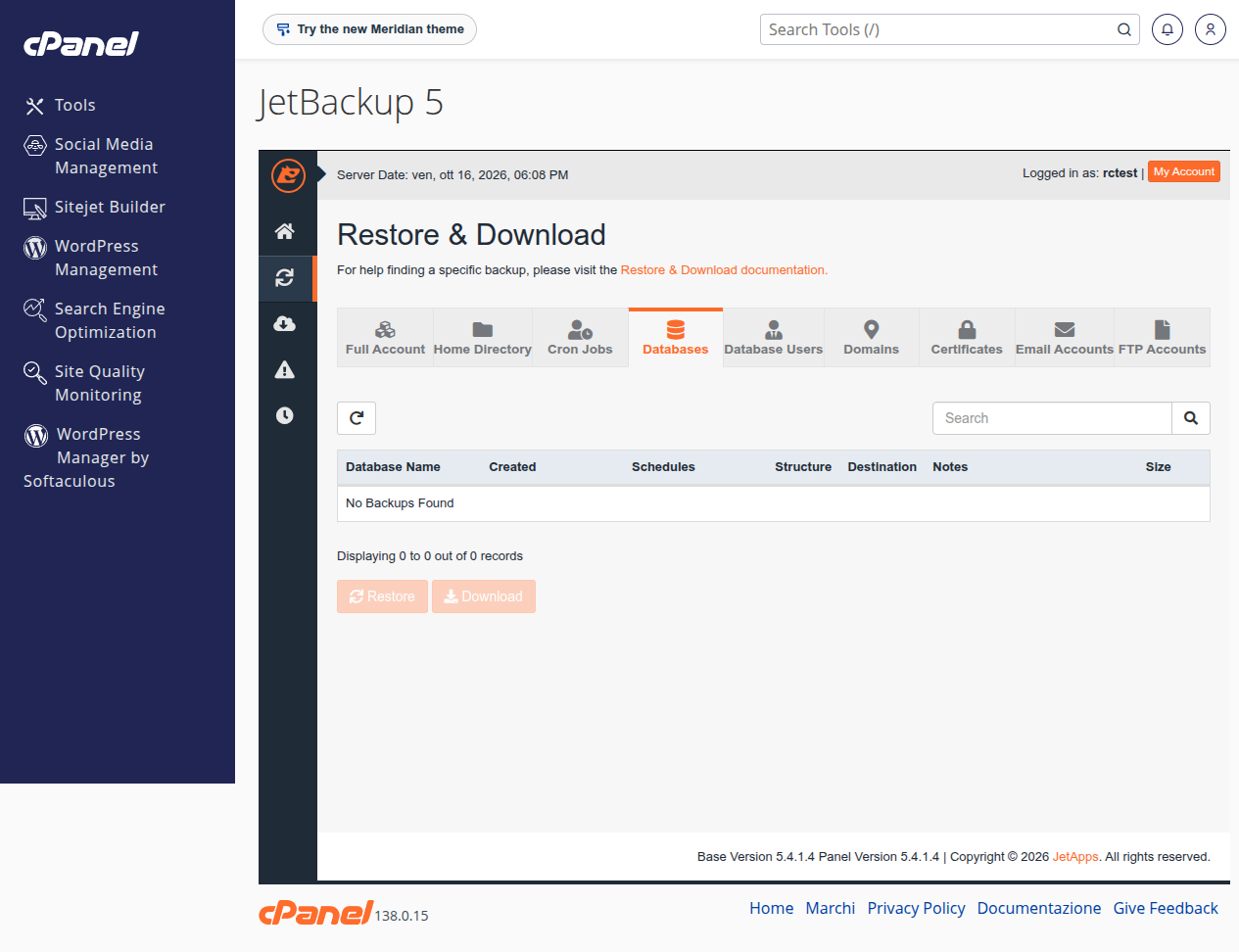 Scheda Databases di Restore & Download in JetBackup con l'elenco vuoto e i pulsanti Restore e Download disattivati