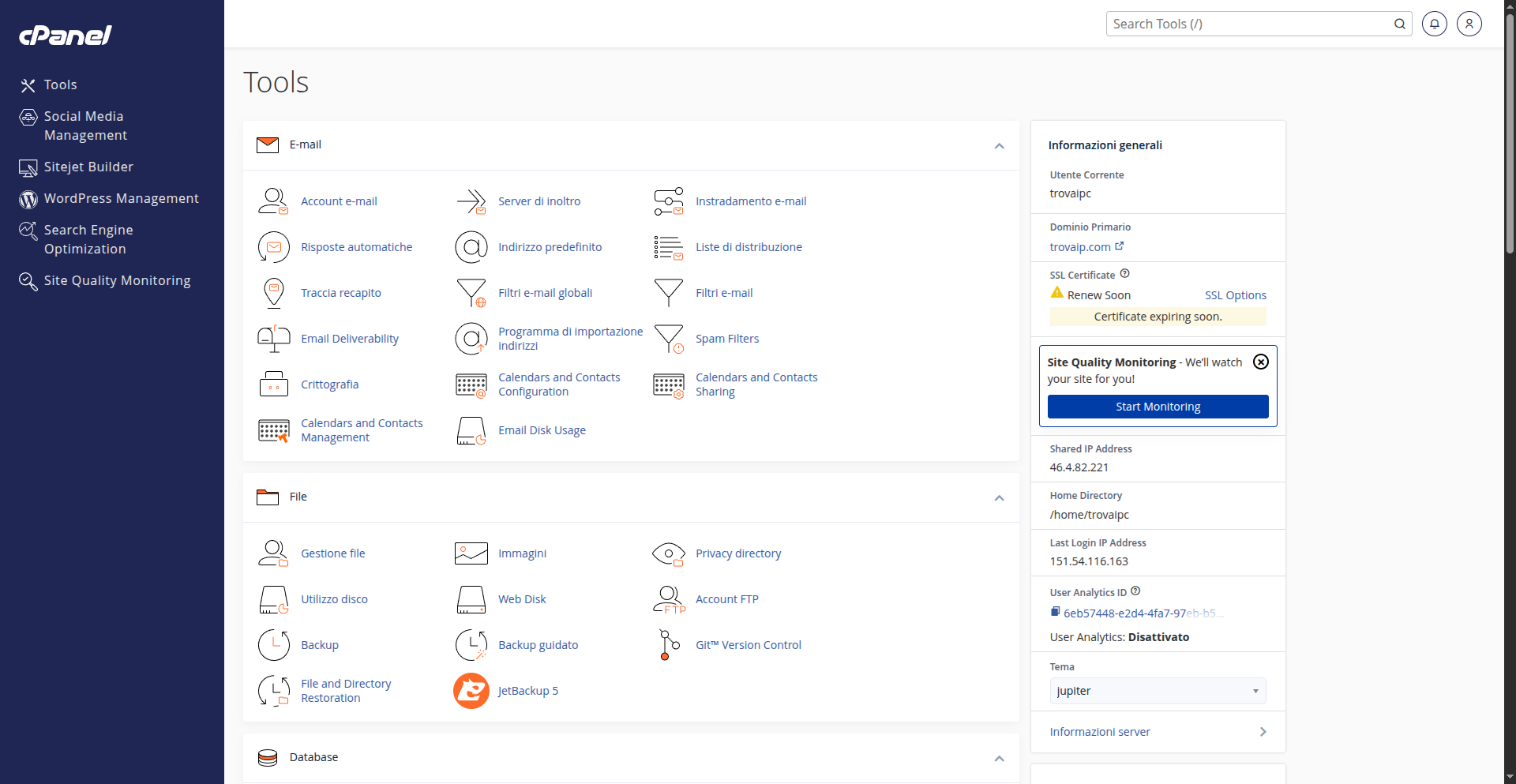 Sezione E-mail nella dashboard di cPanel