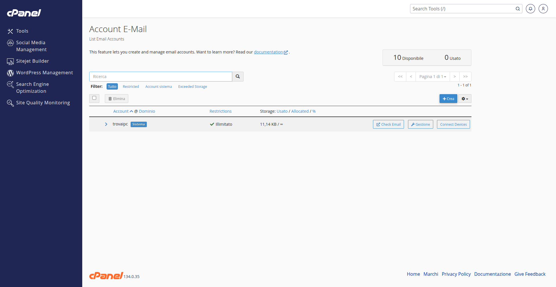 Elenco delle caselle email in cPanel con il pulsante Crea