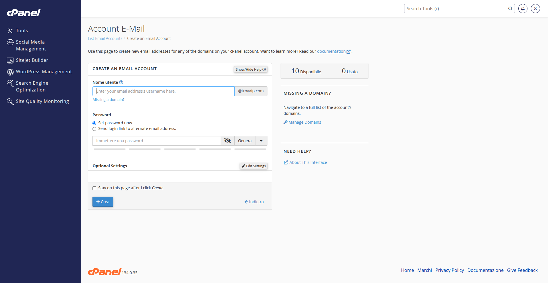 Form di creazione di un account email vuoto in cPanel