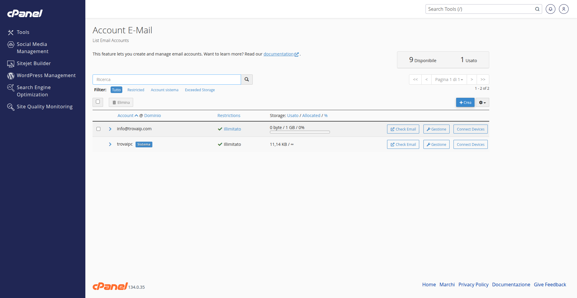 Conferma della creazione dell'account email in cPanel