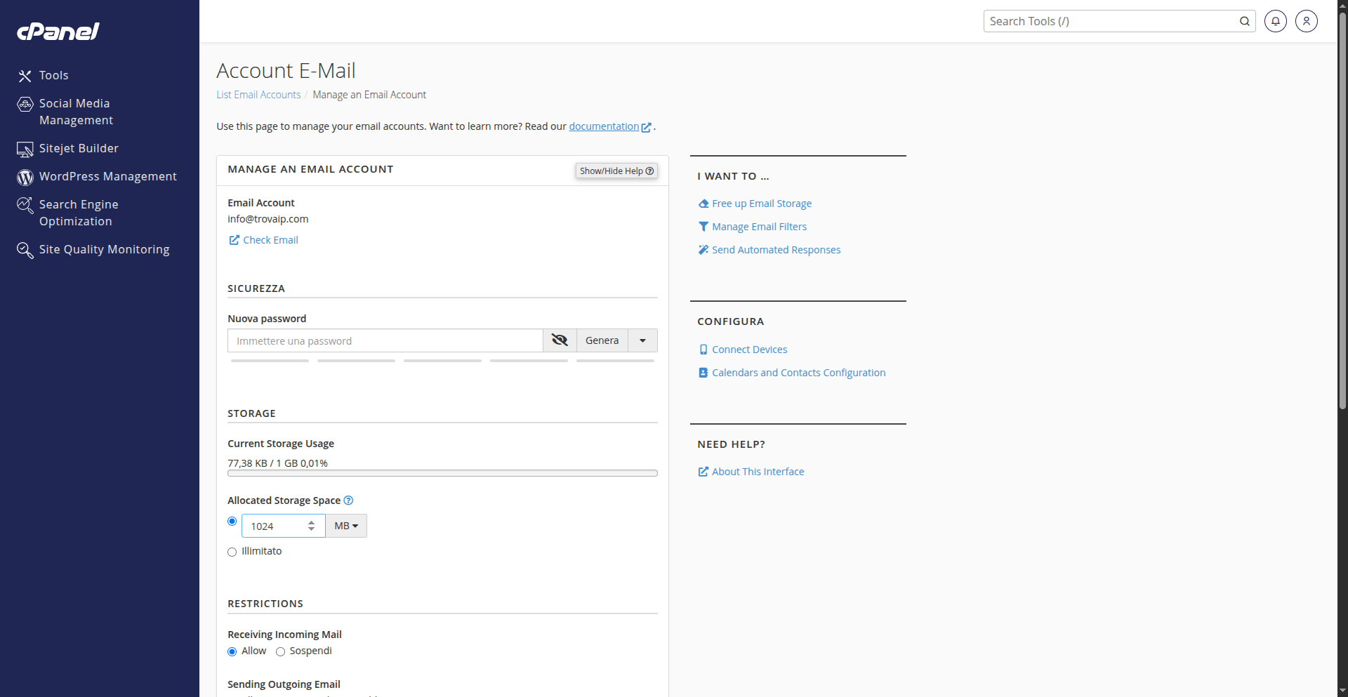 Pagina di gestione di una casella email in cPanel