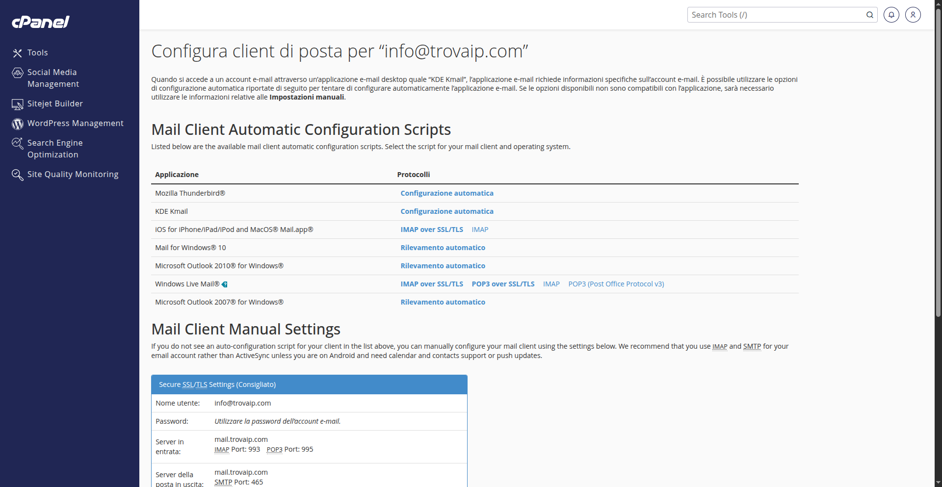 Pagina Connect Devices con i parametri IMAP, POP3 e SMTP in cPanel