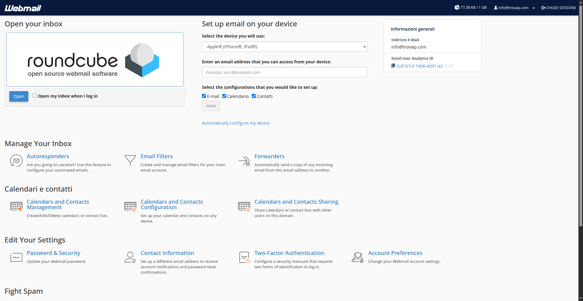 Webmail di cPanel con Roundcube per la casella appena creata