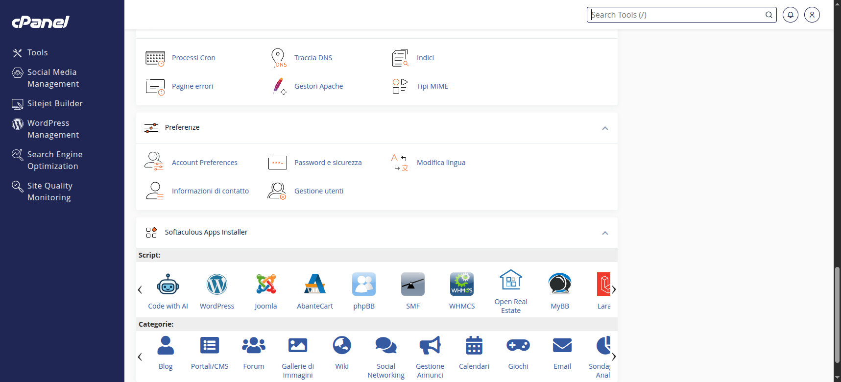 Sezione Softaculous Apps Installer nella dashboard di cPanel
