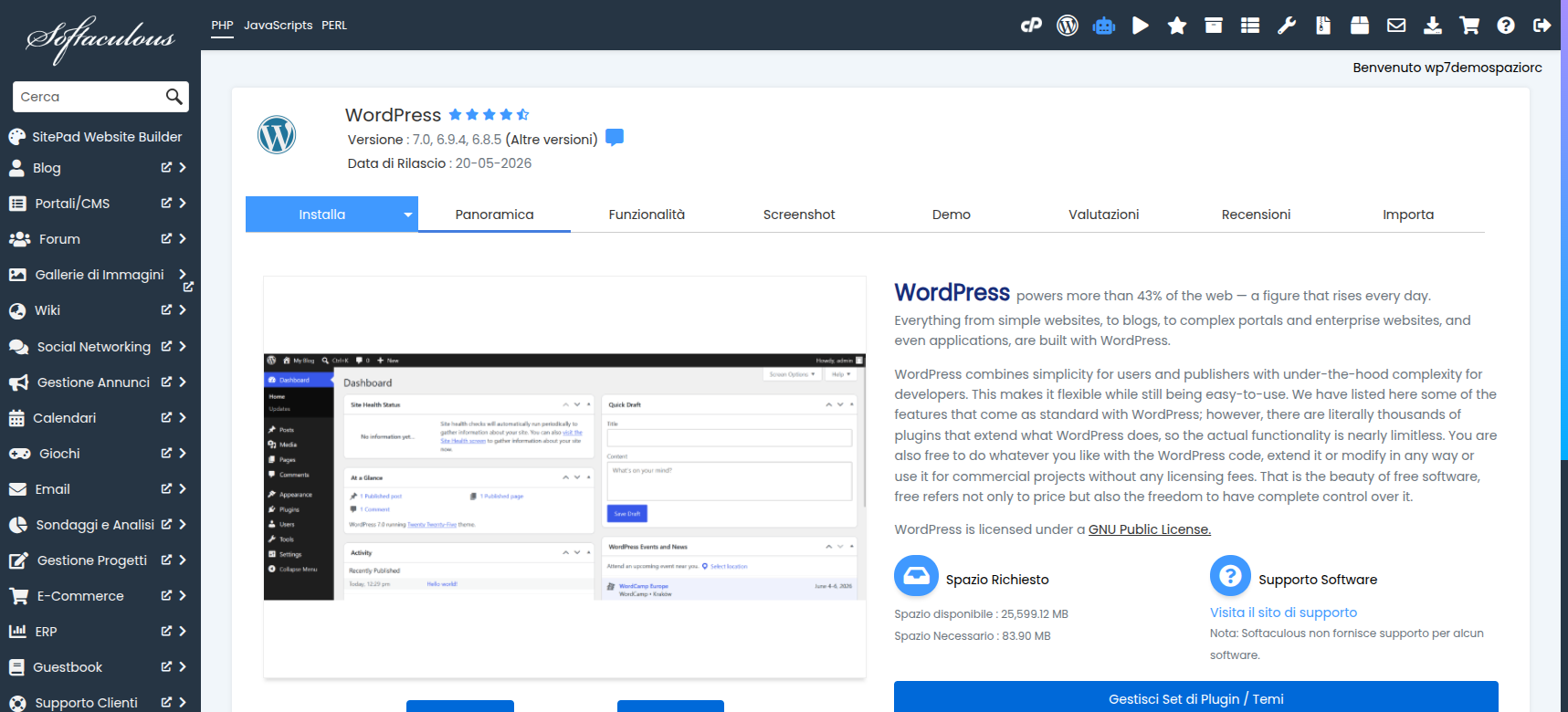 Pagina di WordPress in Softaculous con la versione 7.0 disponibile