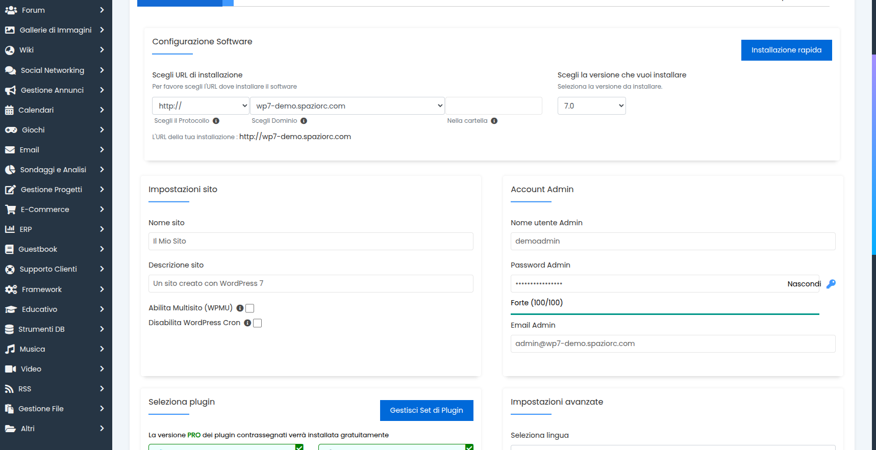 Form di installazione di WordPress compilato in Softaculous