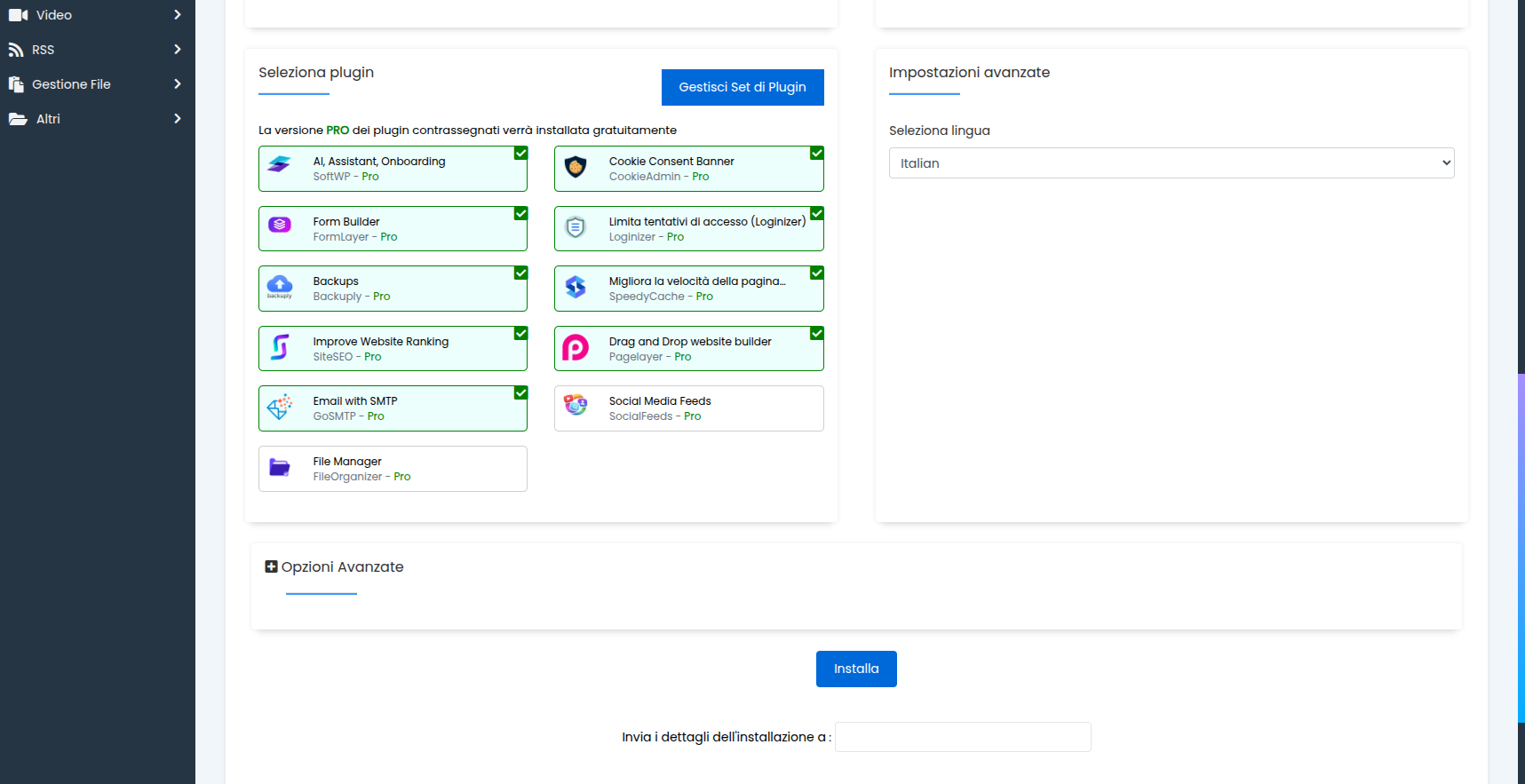 Selezione dei plugin e impostazioni avanzate nel form di Softaculous