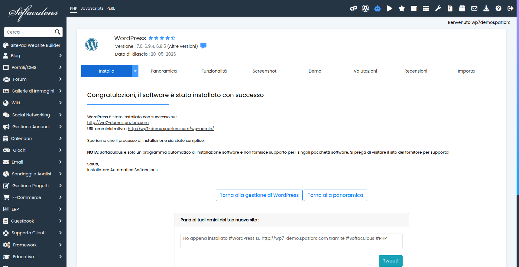 Conferma di installazione completata di WordPress in Softaculous