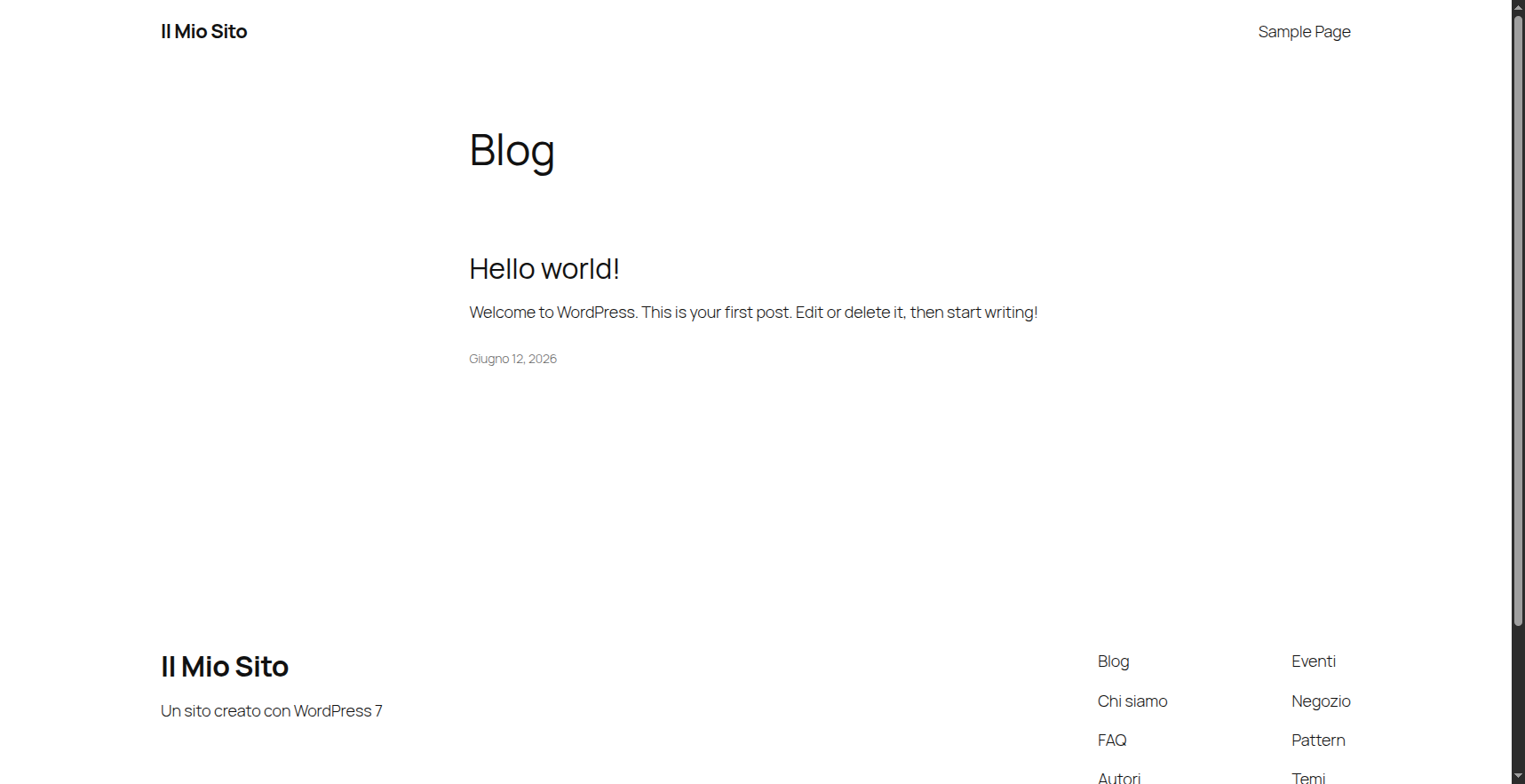 Sito WordPress 7 appena installato con il tema predefinito