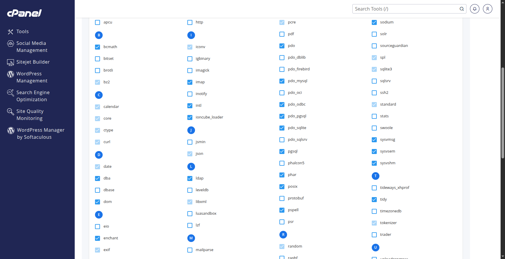 PHP Selector di cPanel con la versione 8.3 selezionata