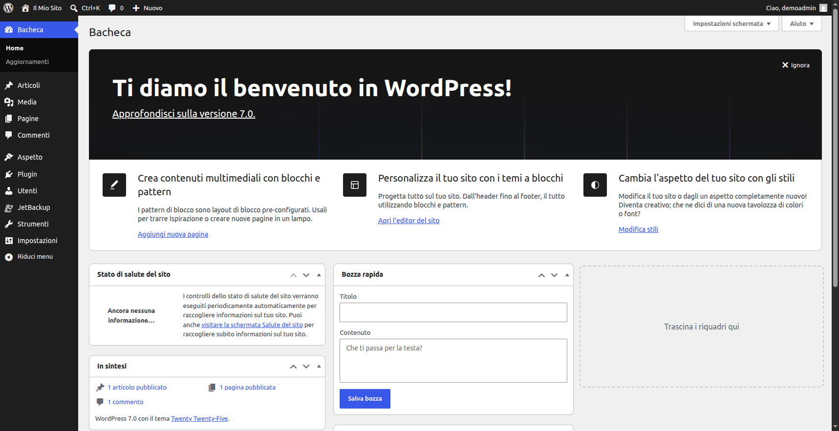 La nuova bacheca di WordPress 7 con il design ridisegnato