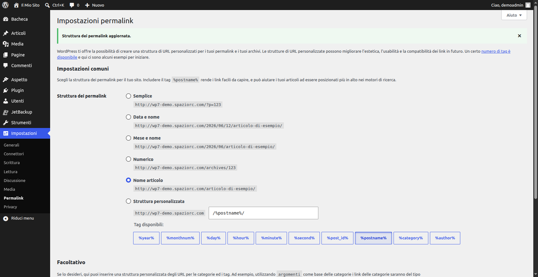 Impostazioni permalink di WordPress con struttura Nome articolo selezionata