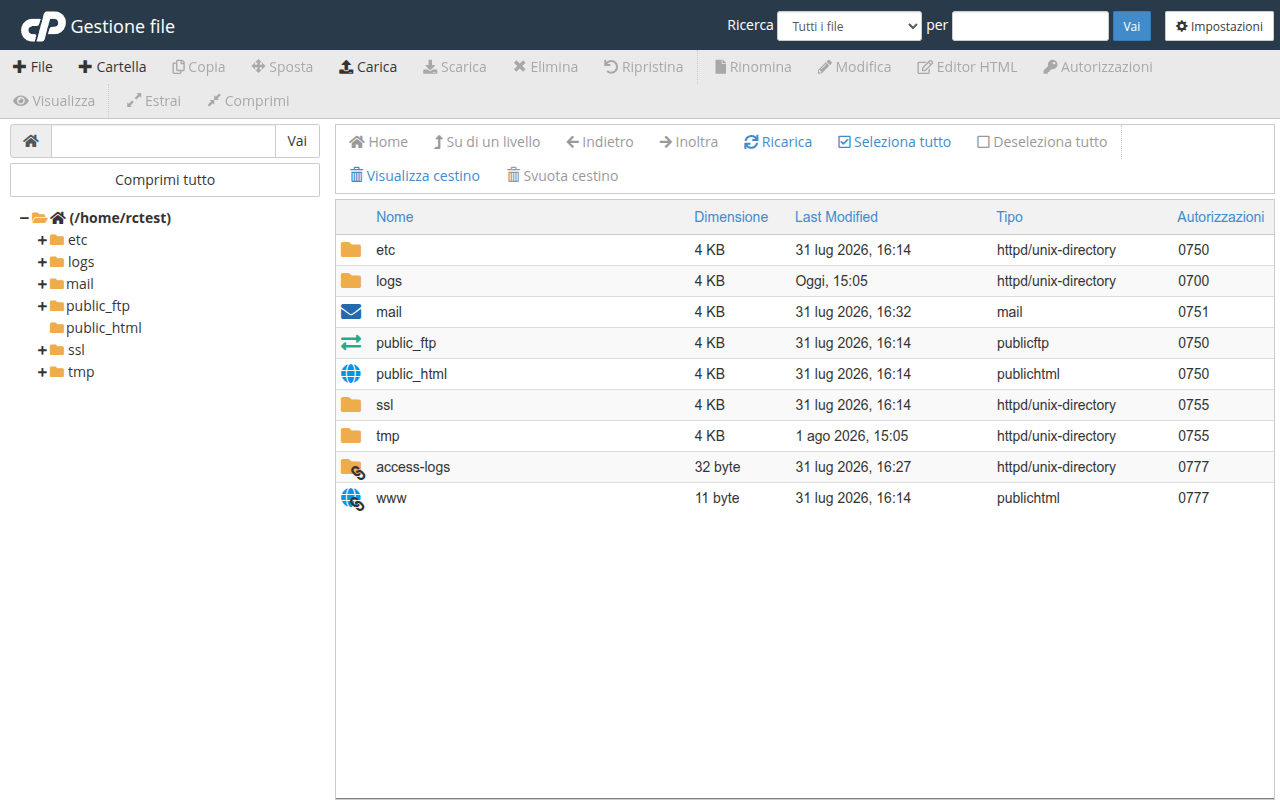 Gestione file di cPanel con l'albero delle cartelle a sinistra, la cartella public_html e la barra degli strumenti