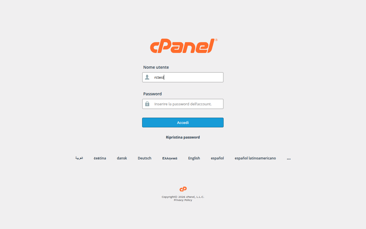 Schermata di accesso a cPanel con i campi Nome utente e Password, il pulsante Accedi e il link Ripristina password
